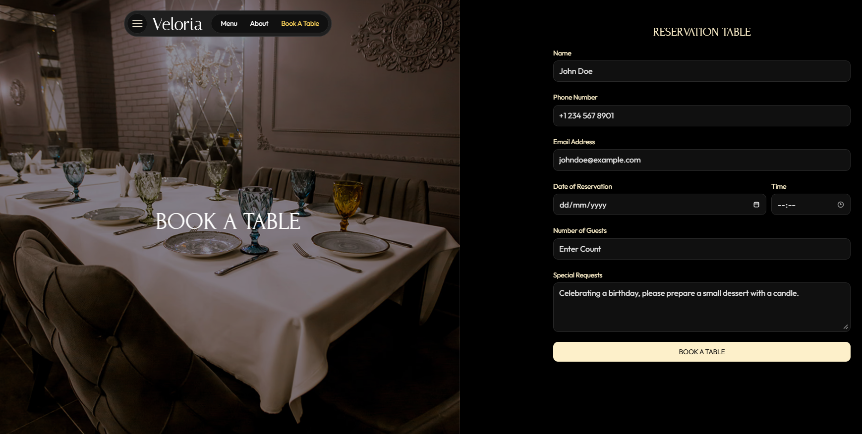 Restaurant booking page sample